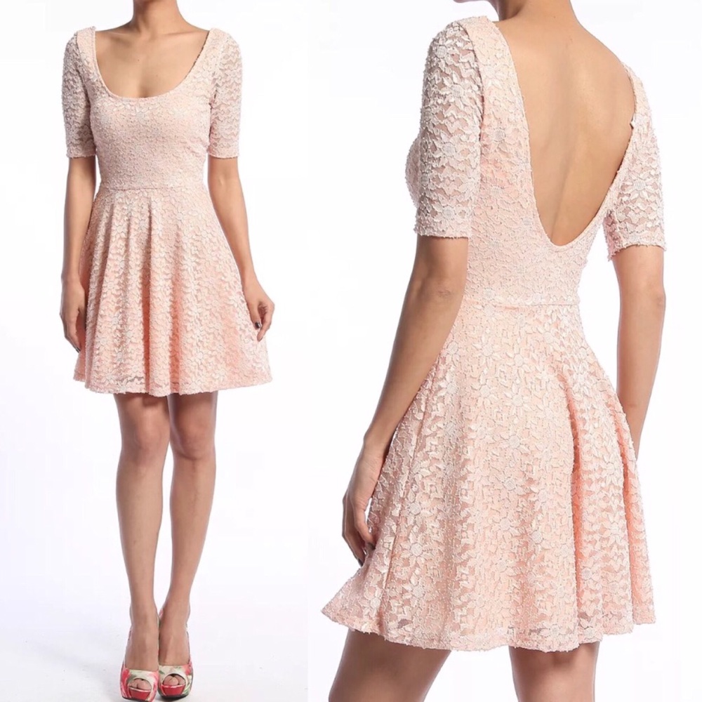 🍑 Sweet Peach Stretch Lace Fit and Flare Dress - Picture 1 of 5
